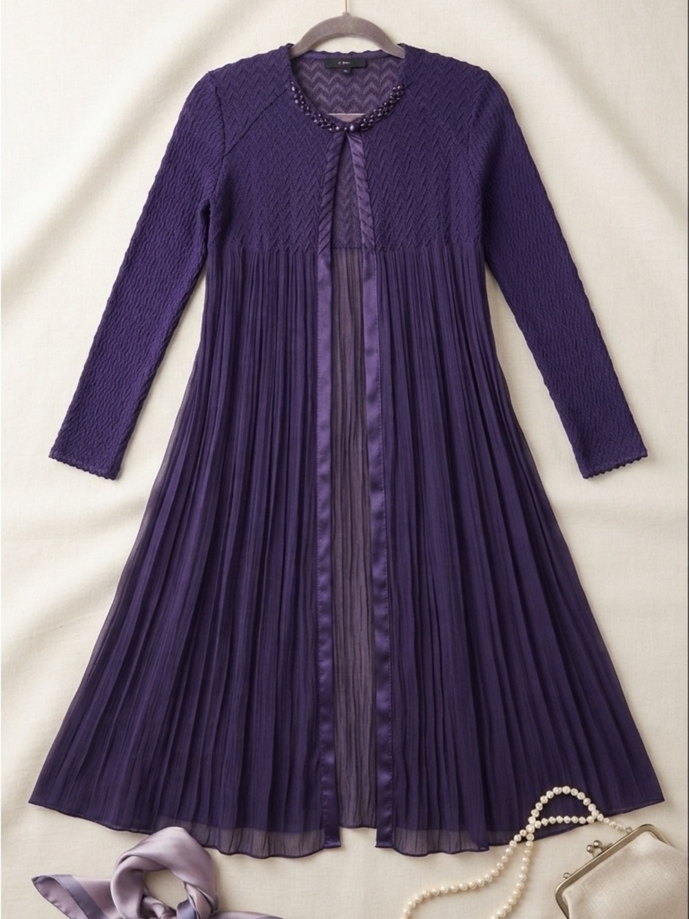 Komarov Purple Long-Sleeve Pleated Chiffon kimono